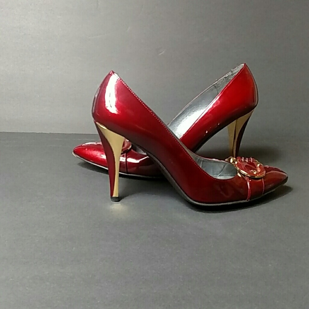 Stuart Weitzman Dark Red with Gold Buckle Heels - Picture 3 of 8